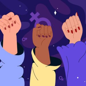 Flat women hands different nationalities with feminism fists raised up. Gender equality, feminist movement, protest or revolution concept. Fist gesture symbol of strength, woman rights or female power